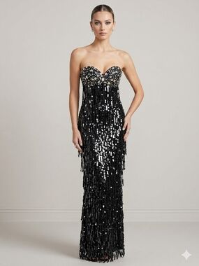 Vintage Night Moves Strapless Black Fringe Sequin Formal Dress Rhinestone Size 8